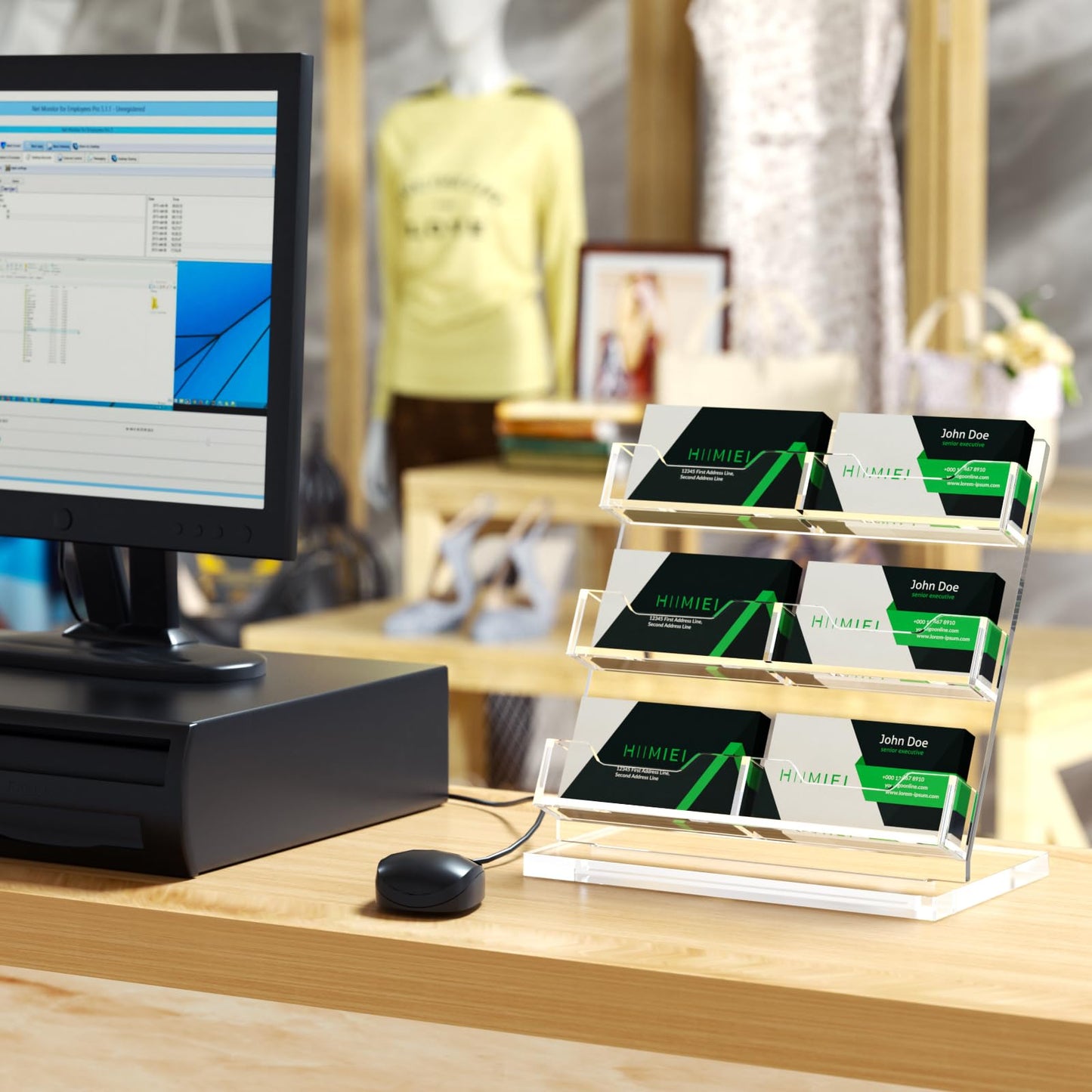 HIIMIEI Business Card Holder Desk, Acrylic Business Card Display, 3 Tier Clear Business Card Stand for Office, Exhibition, Meeting, Home, 360 Card Capacity