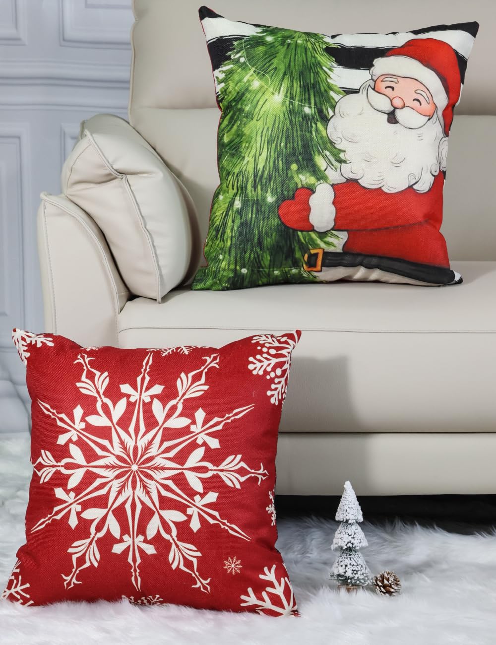 Double-Sided Print Christmas Pillow Covers 18''x18'', Set of 4, 8 Christmas Patterns Christmas Tree, Snowman, Snowflakes, Merry Christmas, Deer, Santa Claus,Truck, Let It Snow, Soft Linen Material