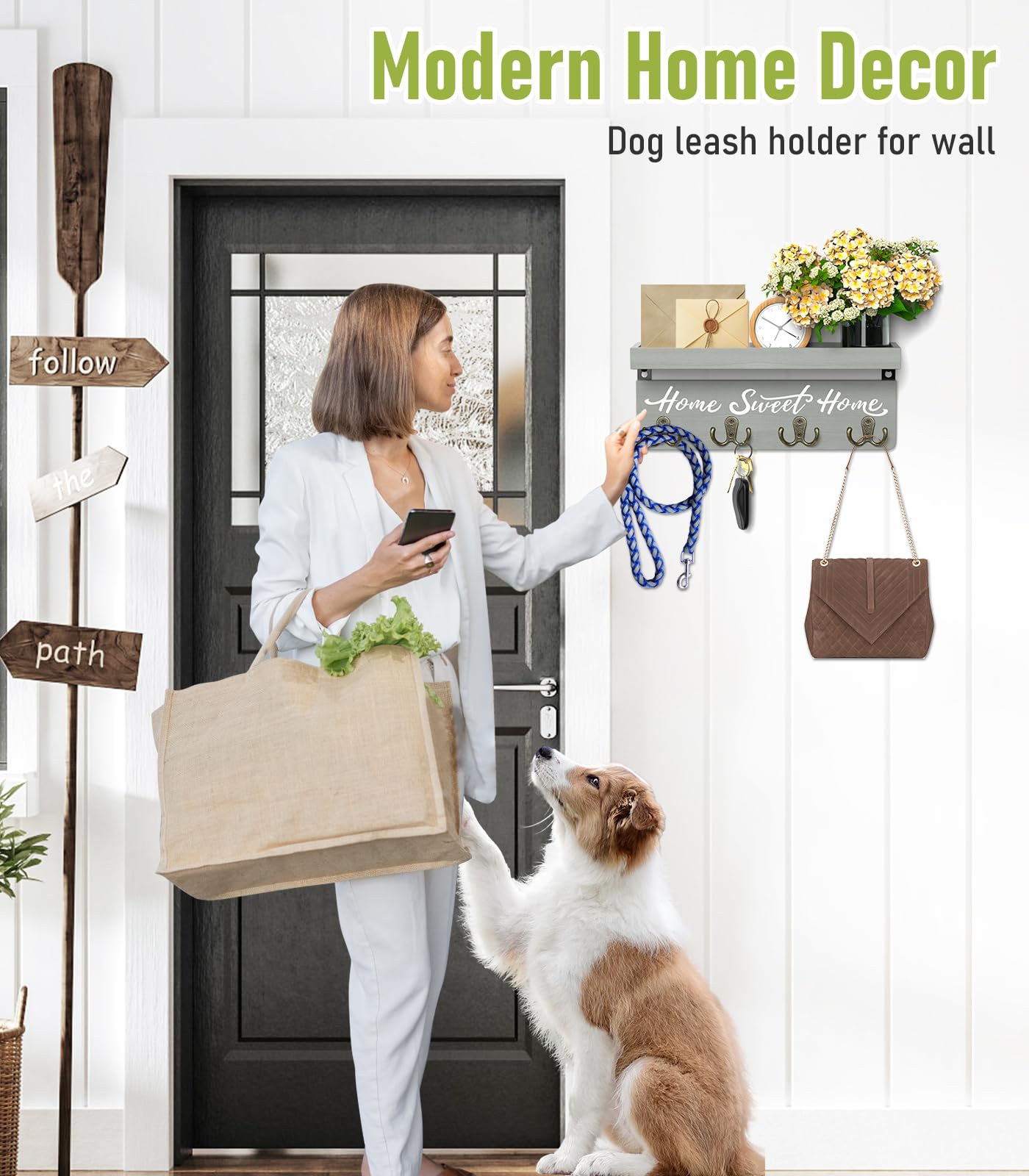 buways Key Holder Wall Mount with 4 Double Hooks-Solid Wood Wall-Mounted Organizer for Keys&Mail Rustic Key Rack Hanger Holder Home Decor for Entryway Living Room (Gray)