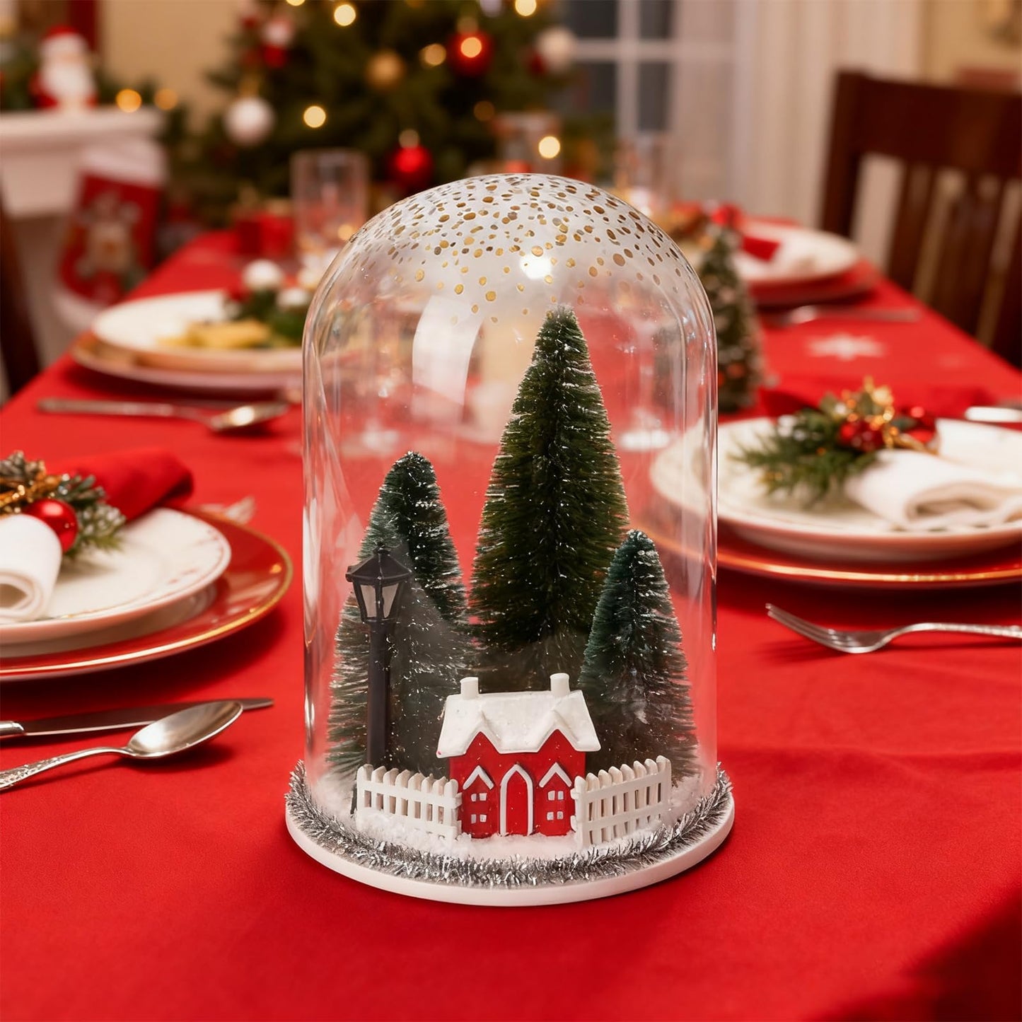 Christmas Decorations Table Centerpieces, Christmas Trees and Red House in Dome Cloche, Xmas Winter Tabletop Decor for Tiered Tray Shelf Mantel Fireplace Coffee Bar Office Desk Holiday Decoration