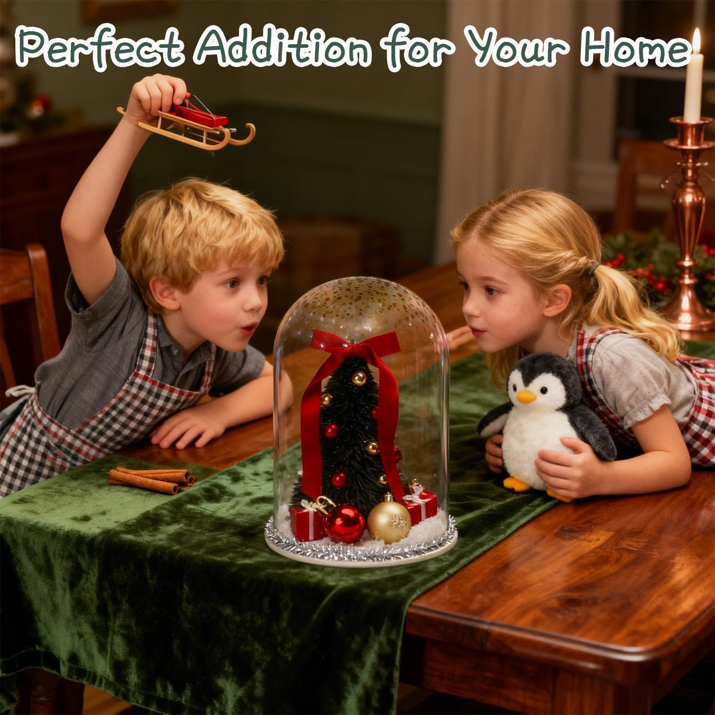 Christmas Decorations Table Centerpieces, Christmas Tree with Ornaments in Dome Cloche, Xmas Winter Tabletop Decor for Tiered Tray Shelf Mantel Fireplace Coffee Table Office Desk Holiday Decoration