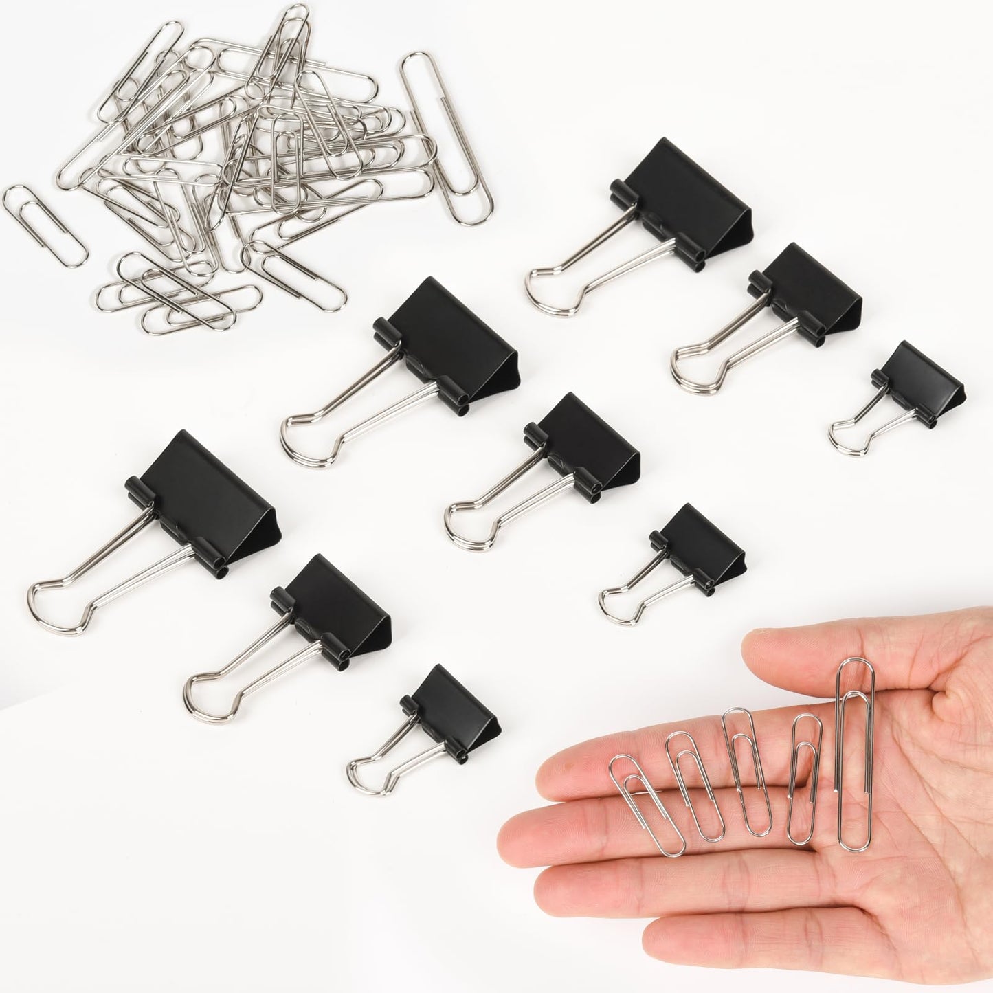 500PCS Paper Clips and Binder Clips Assorted Sizes,3 Sizes in One Pack, Large, Medium, Small,Silver PaperClips & Black Binder Clips for Home, School, Office Supplies