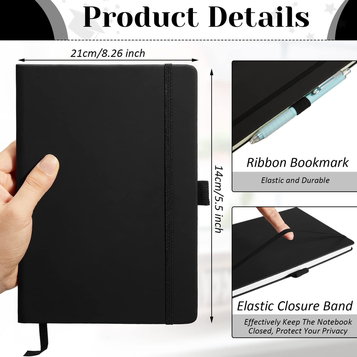 Laumoi 28 Pack PU Leather Lined Notebook Journal Bulk A5 Hardcover Notebook College Ruled 5.5 x 8.2 Inch Journal with Pen Holder for School Business Work Writing(Black,Simple)