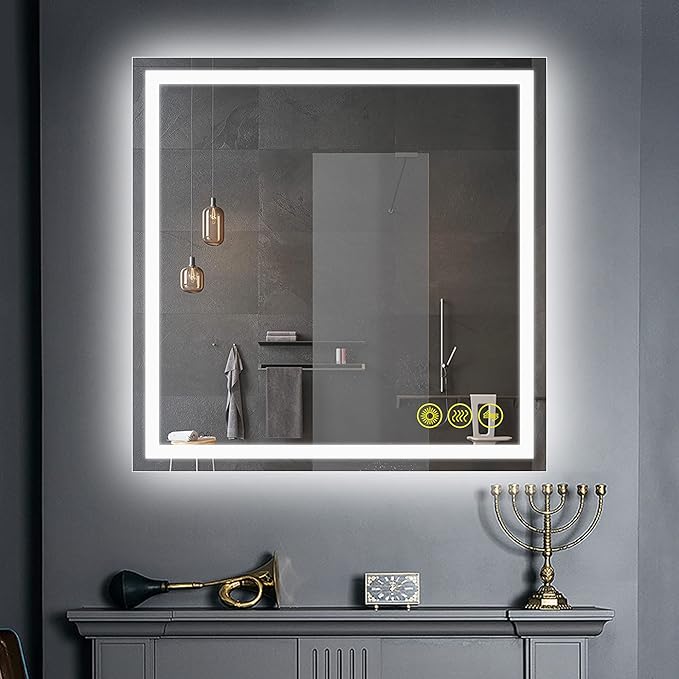 Wall-Mounted LED Square Bathroom Mirror, Makeup Mirror (36 inches x 36 inches,) 3 Color Stepless Dimmable Memory Bathroom Vanity Mirror with Lights CRI90 Smart Mirror with Touch