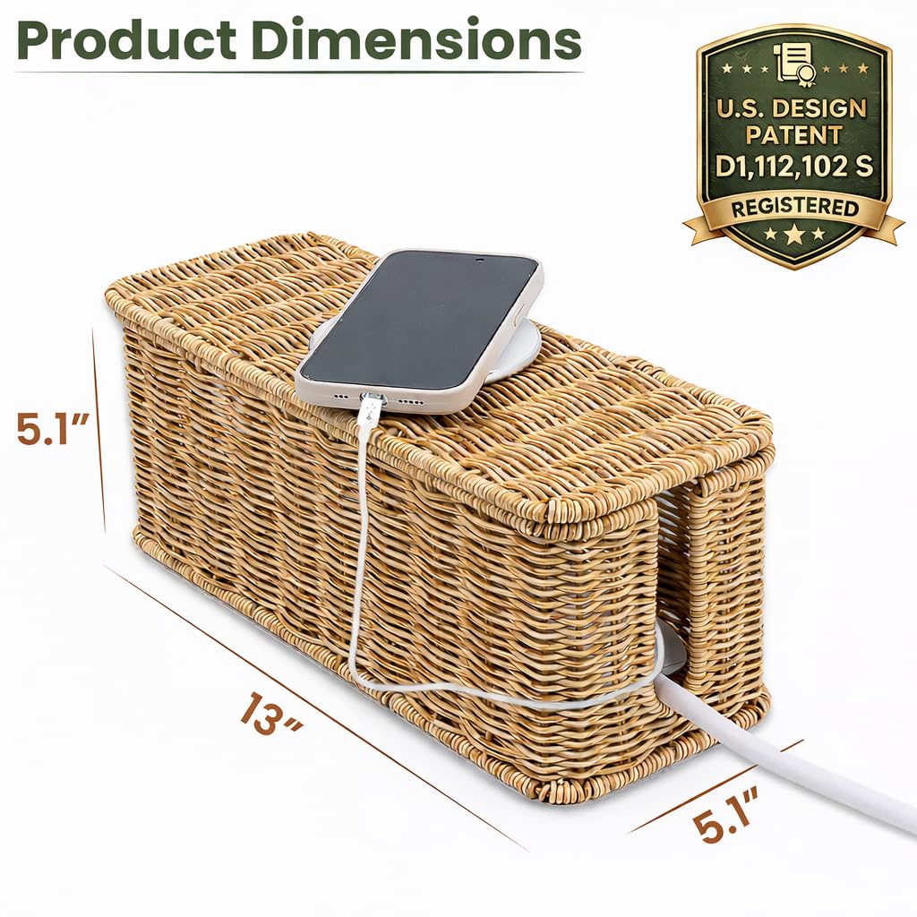 Cable Management Box, Handmade Rattan Cable Organizer with 2 Open Slots, Cord Hider for Power Strip, Router & USB Hub, Registered U.S. Design Patent (D1,112,102), 13" x 5.1" x 5.1", Natural