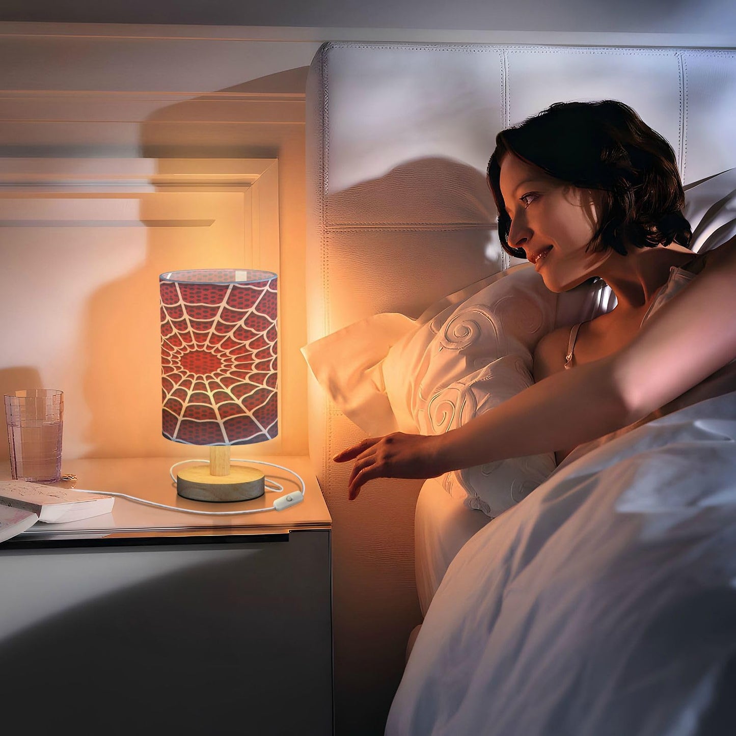 White Spider Web Red Dot Table Lamp for Bedroom Bedside Lamp Desk Lamps Cylinder Nightstand Lamp for Living Room Office Decor