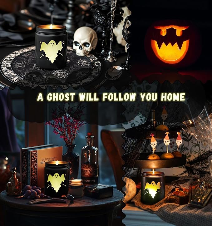 Halloween Decor Indoor-Halloween Gifts Candles for Women with LED Ghost, Ghost Candle with Mint & Musk Scent Over 40 Hours of Burn Time, Gift for Holiday, Home Fall Decorations Indoor, 100% Soy Wax