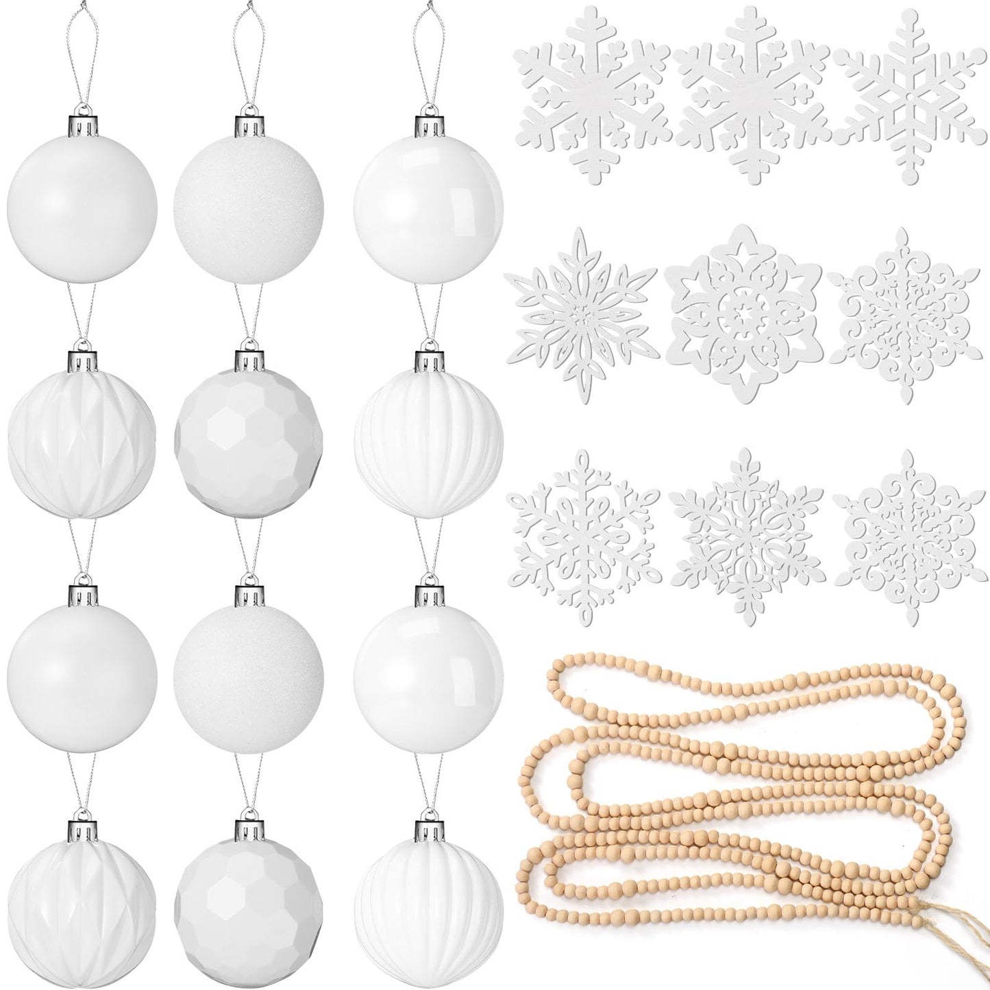 Aoriher 45 Pcs Christmas Tree Ornament Set,34pcs Christmas Ball Ornaments with Xmas Wooden Bead Garland Snowflake Ornaments for Xmas Tree Holiday Wedding Party Wreath Home Decoration(White)