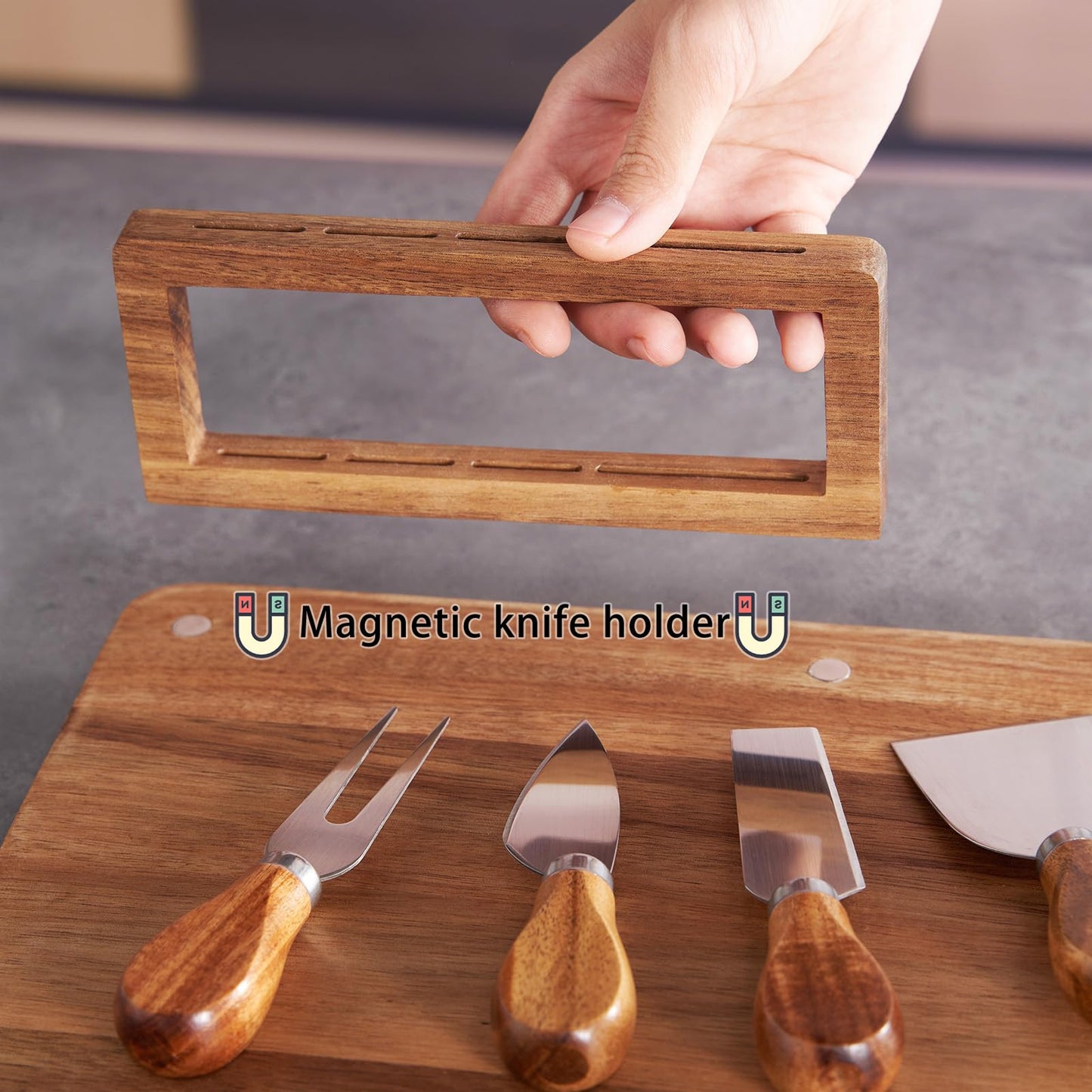 LITY Acacia Wood Charcuterie Board, Cheese Board Set with Magnetic Knife Holder, 14"x 11" Large Serving Tray for Meat, Ideal Gift for Anniversary, Christmas, Thanksgiving, Wedding, Halloween