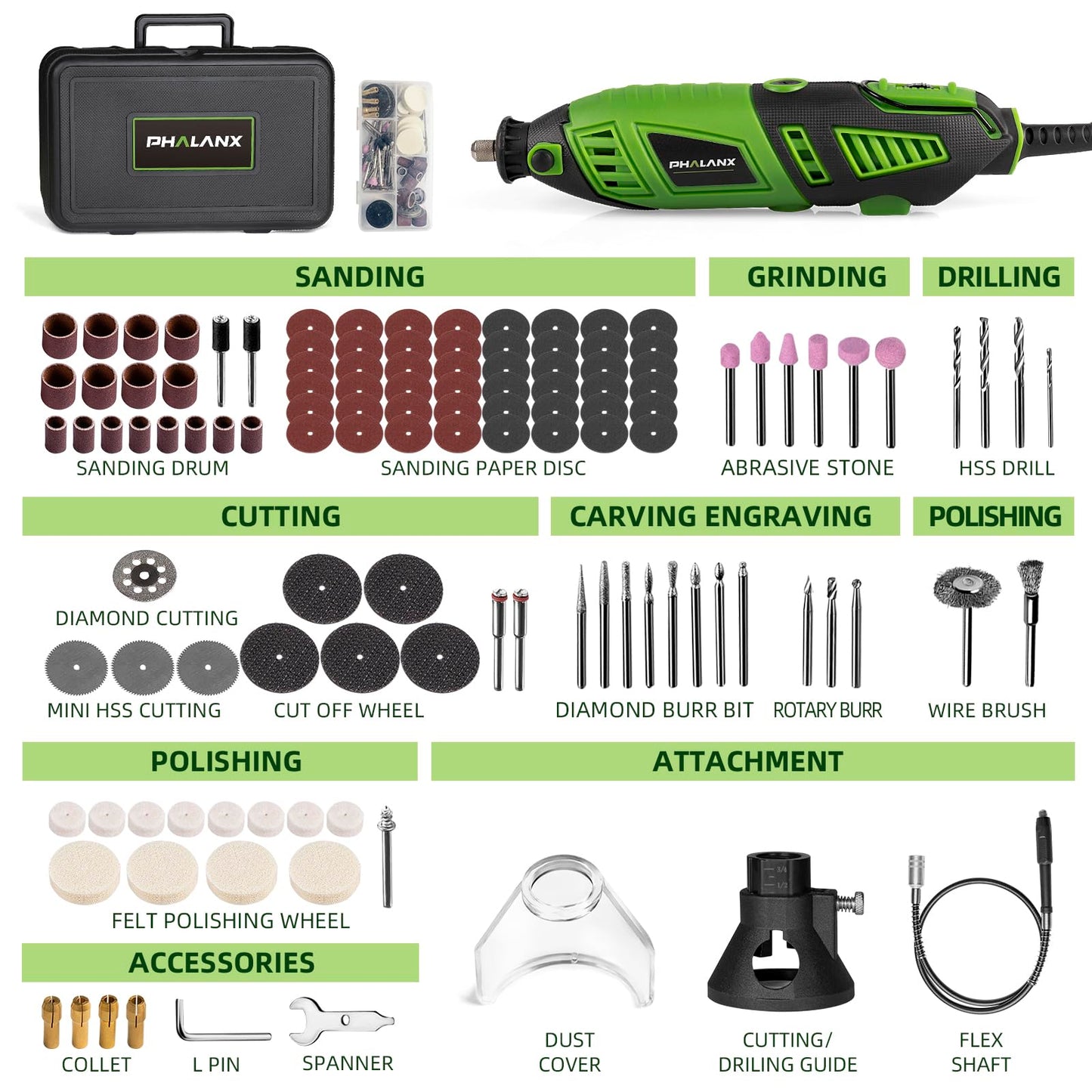 180W Rotary Tool Kit, 1.5-Amp PHALANX 6 Variable Speed with Flex Shaft, 8000-32000RPM Multi-Tool& 139pcs Accessories Kit, Power Multiuse Set Prefect for Crafting Projects and DIY CreationsâŚ