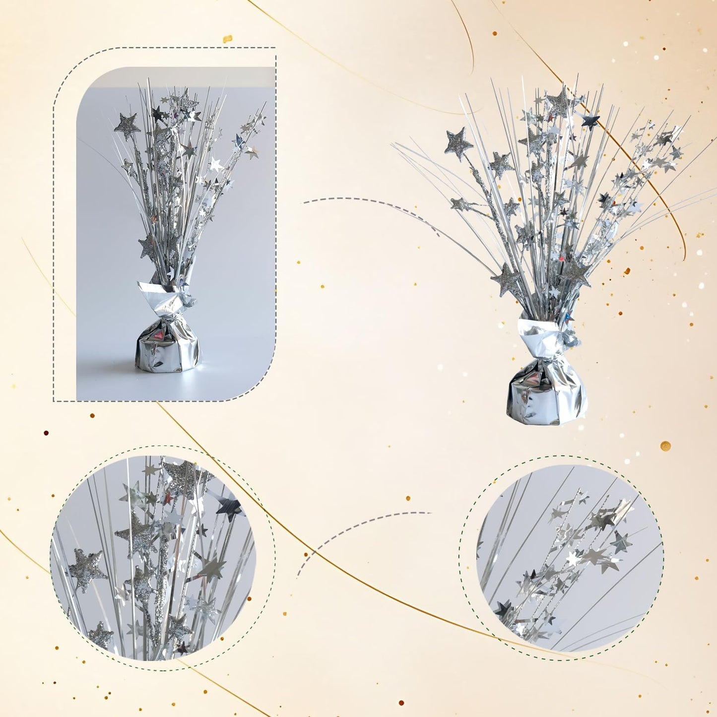 Egolot 12 Pack Metallic Sliver Foil Spray Centerpieces Stars Brust Table Centerpieces for Wedding Birthday Anniversary Holiday Party Decor, Metallic Star Balloon Wights for Party, Decor for Party