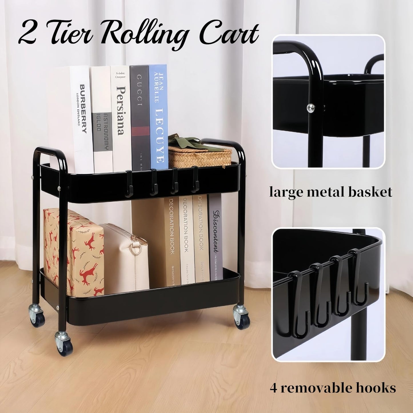 Ufriandz 2 Tier Metal Rolling Utility Cart with Wheels Under Desk Storage Cart with Handle, Roll Around Organizer Trolley for Small Space Pantry Bathroom Home Kitchen Office Snack Baby Supplies, Black