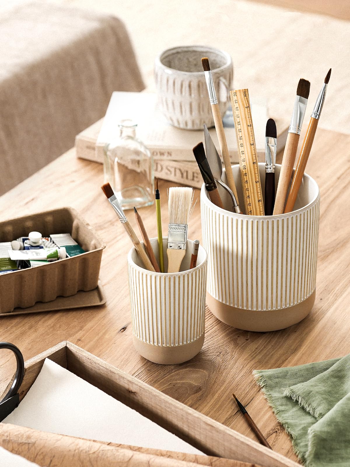 LE TAUCI Ceramic Kitchen Utensil Holder Set of 2 - 6.9"+5.3" Large Cooking Utensil Crock & Organizer for Spatula, Spoon, Whisk - Farmhouse Countertop Storage, Cream Beige, Line