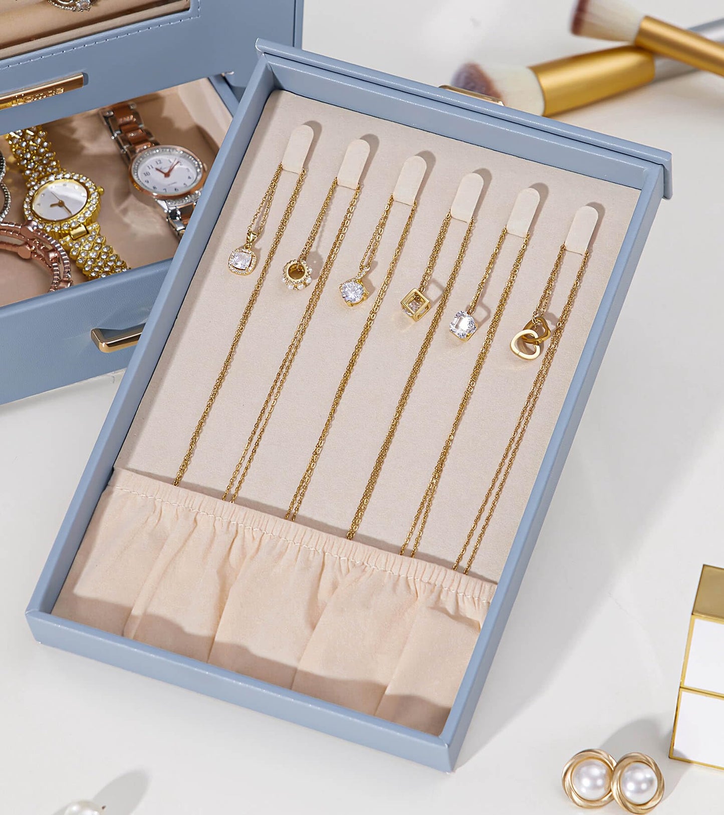 Homde Jewelry Organizer with Transparent Window Necklace Hooks Gift for Women Jewelry Box Display Case for Necklaces Rings Earrings Bracelets and Other Accessories (Grey Blue)