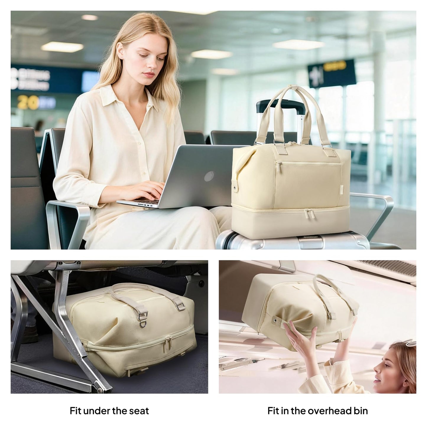 Travel Duffle Bag for Women, 40L Weekender Bags Airline Approved Carry On with Shoe Compartment & Waterproof Wet Pocket, Durable Nylon Weekender Overnight Bag for Travel, Gym, Business Trip, Beige
