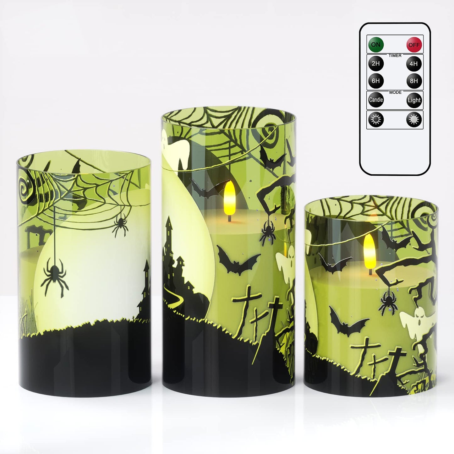 Eldnacele Halloween Flameless Candles with Remote Spider Web, Ghost, Castle Decals Battery Operated Real Wax Flickering Glass Pillar Candle for Spooky Holiday Decor 3 Pack