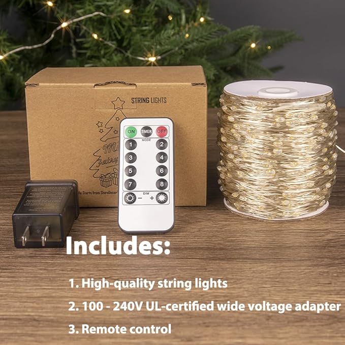 328 FT Cool White Fairy Lights, 1000 LEDs, Plug - in, 8 Modes with Timer, Remote, Dimmable & Waterproof, Ideal for Bedroom, Garden, Christmas, Wedding, Birthday (Indoor/Outdoor)