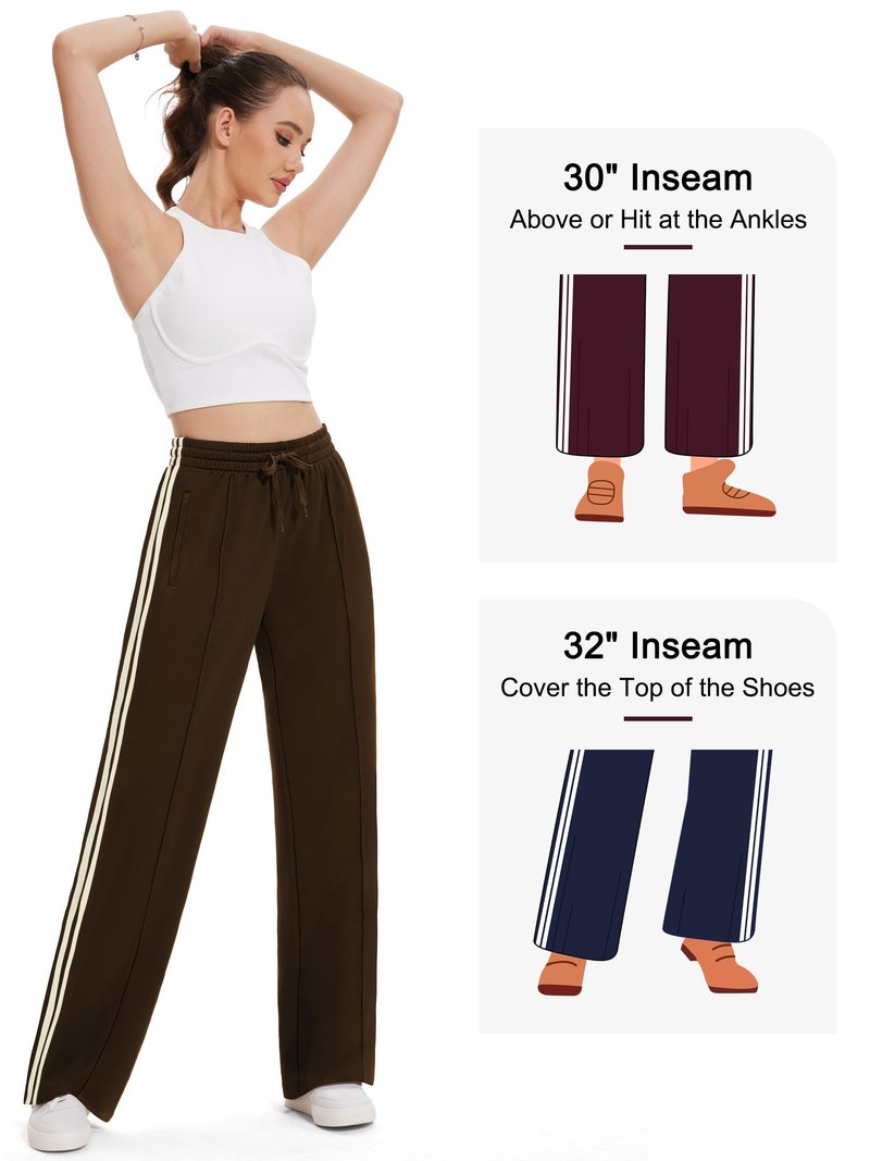 Tapata Long Womens 32" Inseam Track Pants Relaxed Fit Striped Workout Sweatpants Baggy Trousers with Zipper Pockets, Brown, L