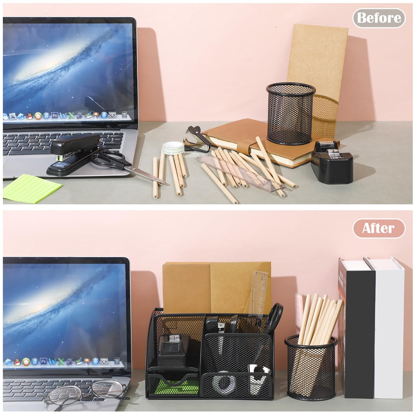 Black Desk Organizer and Accessories, Black Desk Asccessories Office Supply Kit Include Mesh Desktop Organizer Stapler 1000 Staples Tape Dispenser Pen Holder Staple Remover Clips Ruler Scissors