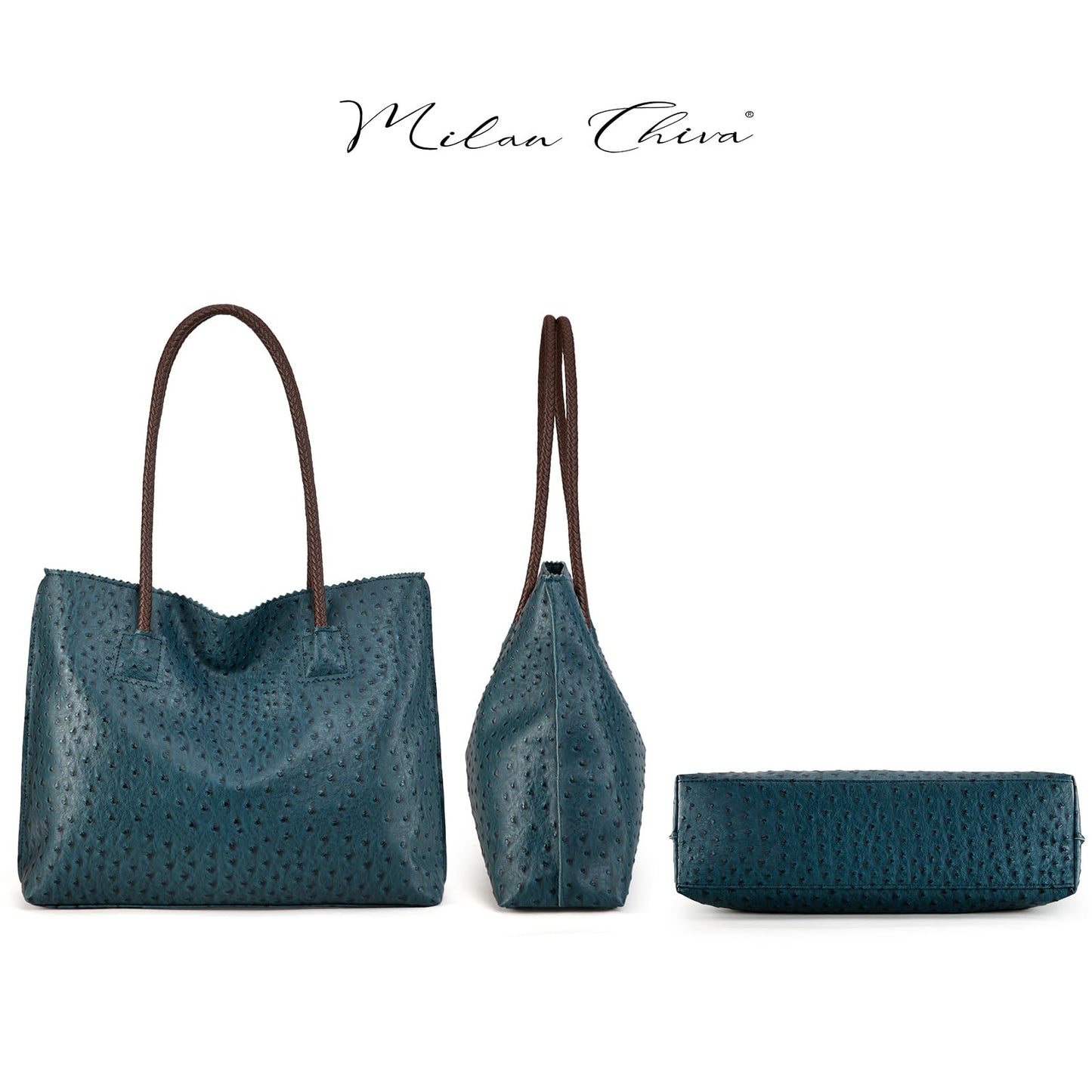 Milan Chiva Leather Tote Bag for Women with Zipper Large Ostrich Hobo Purse Shoulder Purses and Handbags Deep Blue Gift MC-1038LKB