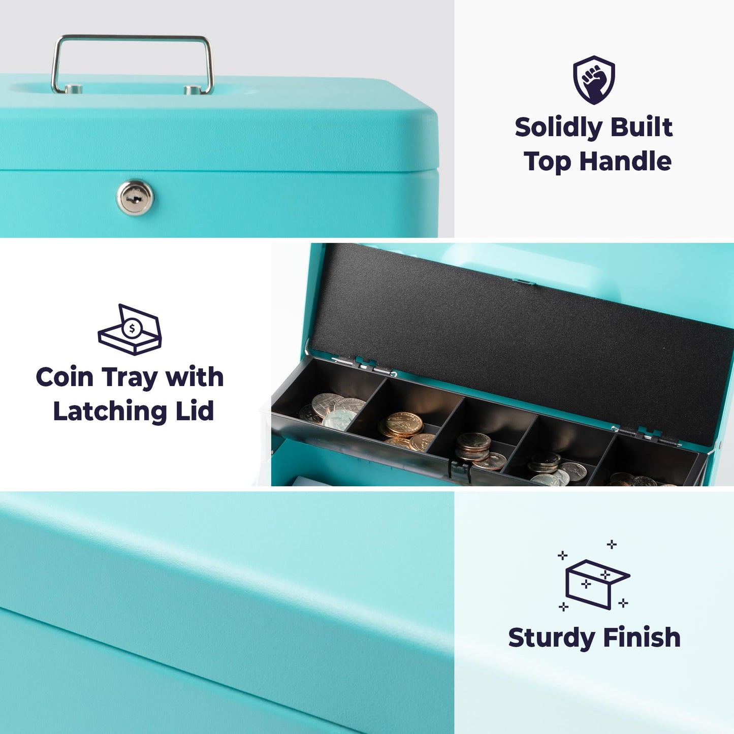 Volcora Large Cash Box with Key Lock, Metal Money Box for Cash, Portable Locking Safe Box with Money Tray, Durable Money Saving Organizer for Yard Sale, Garage Sale, Small Business, Cyan