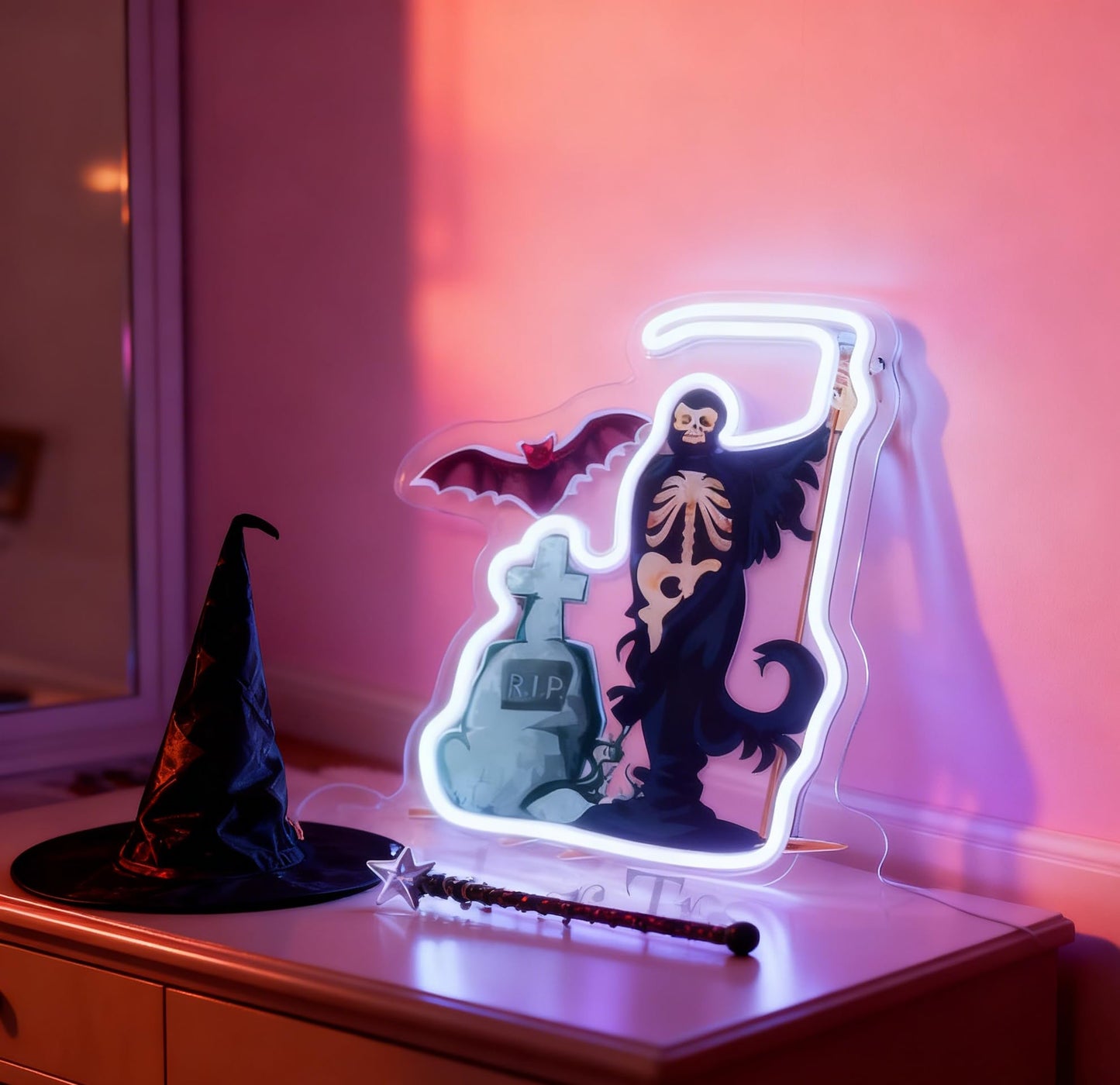 Trick or Treat LED Neon Sign, Home Front Porch Haunted House Horror Themed Party Wall Table Decor, Halloween Light Up Sign, USB Powered Decorative Light 13.8 x 13.8 In