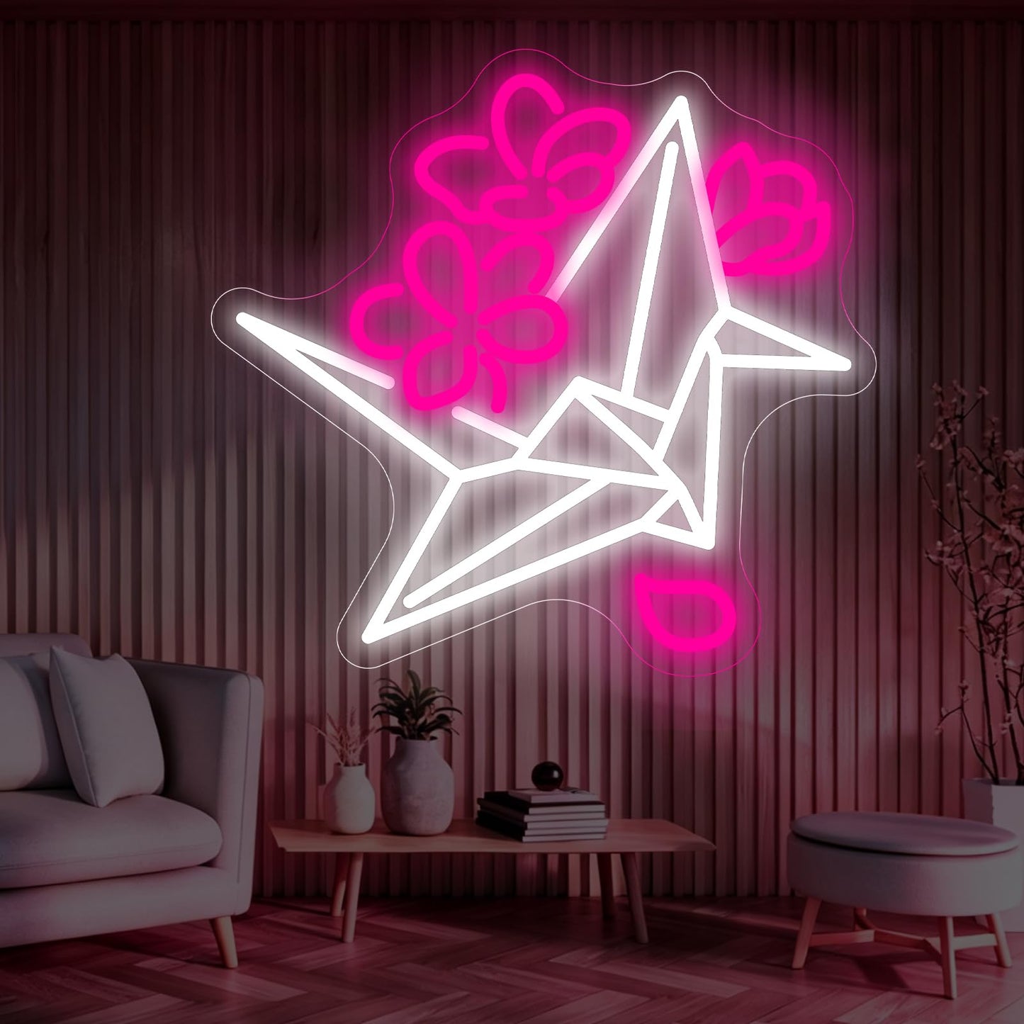 Origami Paper Crane Neon Sign, Flower Crane LED Neon Sign Wall Decor for Bedroom Living Room, Neon Signs for Wall Decor Aesthetic Gift for Her 13.8” × 13”