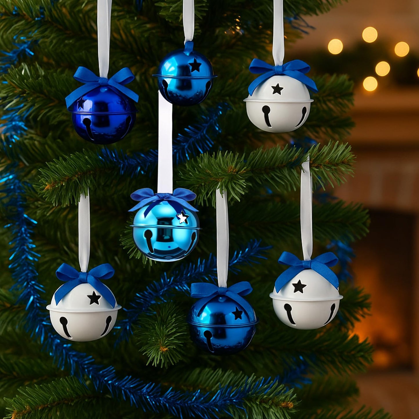 Jenaai 12 Sets Blue Christmas Jingle Bells with Ribbon 2 Inch Large Metal Cutout Craft Bells Blue Hanging Ornaments for Christmas Tree Xmas Decoration Crafts Party Favors Stocking Stuffers