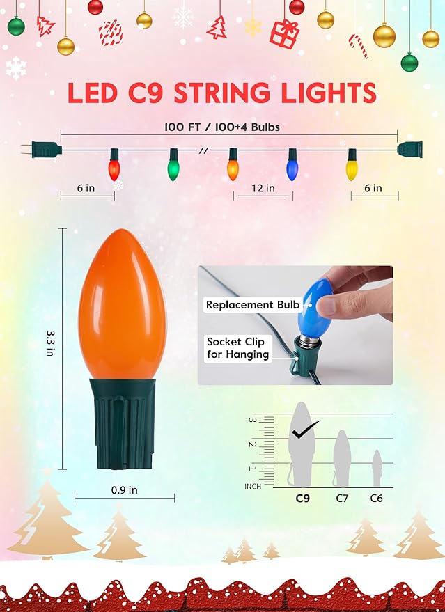 Vintage C9 LED Christmas Lights Outdoor, 100 Feet C9 String Lights with 100 Shatterproof C9 Bulbs, Waterproof Connectable Commercial Christmas Tree Lights for Outside Roofline Patio Decor, Multicolor