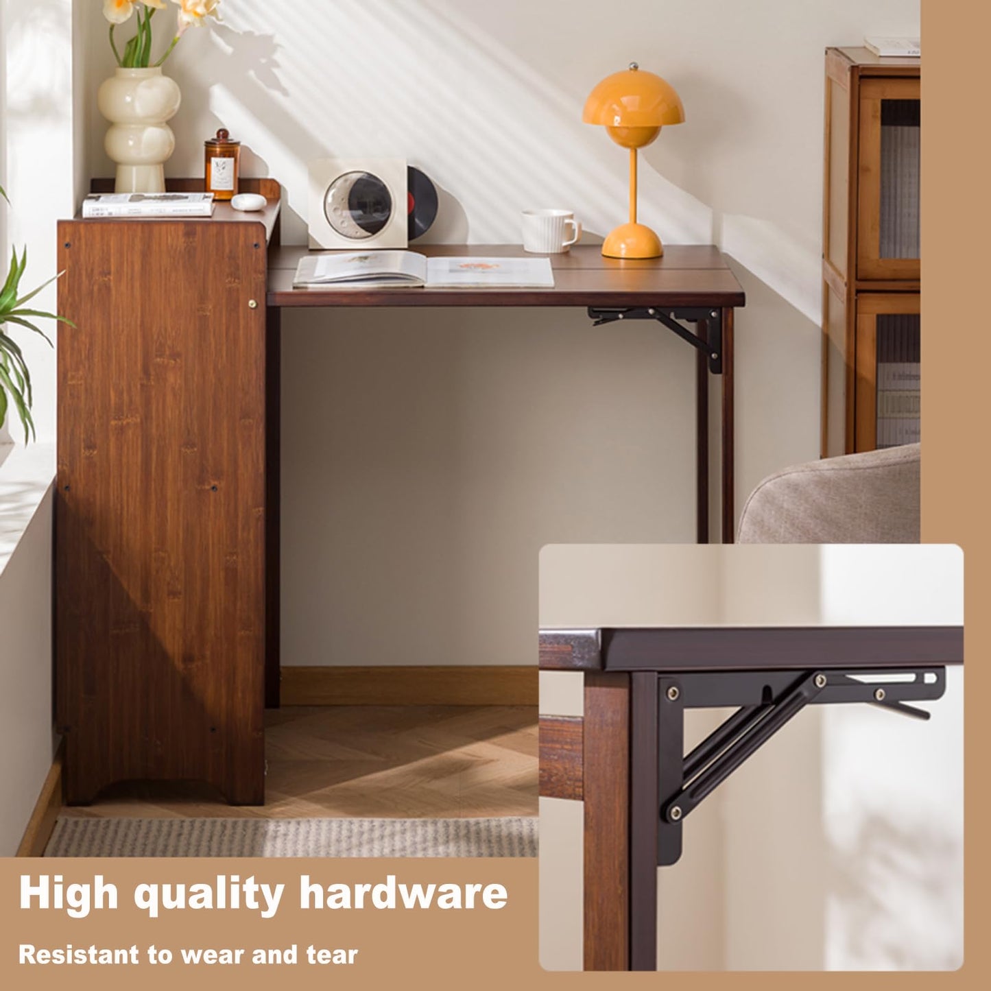 OXBZKMY Bamboo Folding Desk with Storage Shelves, Space Saving Mid Century Modern Bookcase with Drop Down Table, Hide Away Desk for Home Bedroom Study Office