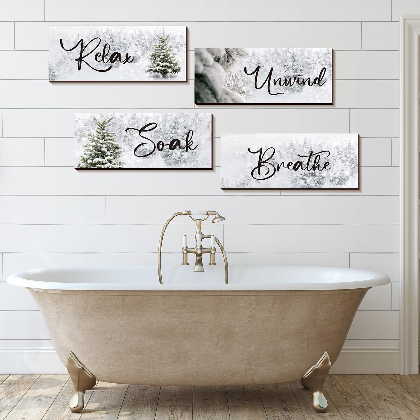 Huwena 4 Pcs Winter Bathroom Wall Decor Winter Wooden Decor Relax Soak Breathe Unwind Art Hanging Wall Pediments Rustic Xmas Wooden Sign for Xmas Home Living Room Laundry Spa(Tree)