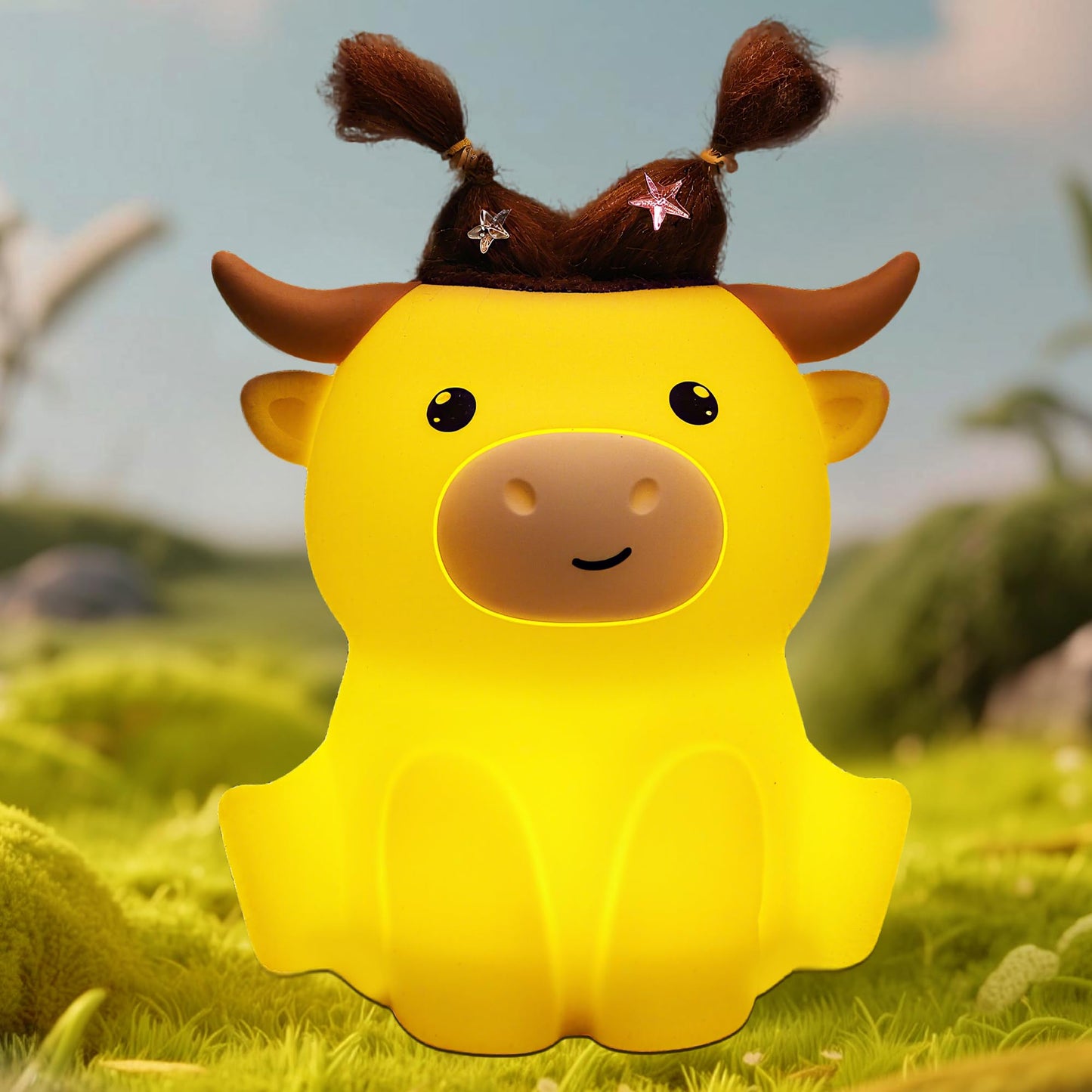 Okayera Highland Cow Night Light, Fluffy Cow Squishy Lamp for Kids, Soft Silicone Animal Nightlamp with 2 Levels Dimmable & 20 Mins Timer, Rechargeable LED Light Gifts for Baby Boys Girls