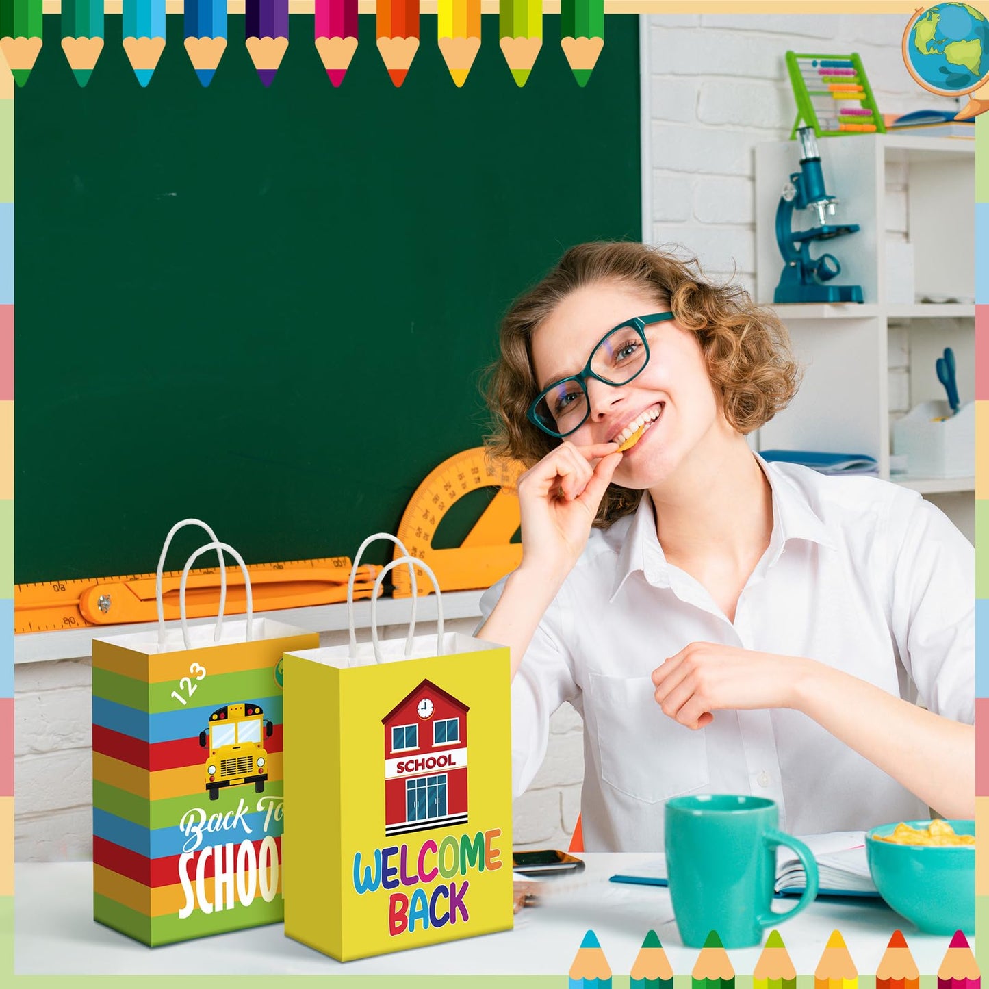 Kolldenn 24 Pcs Welcome Back to School Gift Goodie Bags with Handles First Day of School Party Favors Bags Paper Book Pencil Bus Gnome Candy Treat Pouch for Classroom Party Decorations Supplies