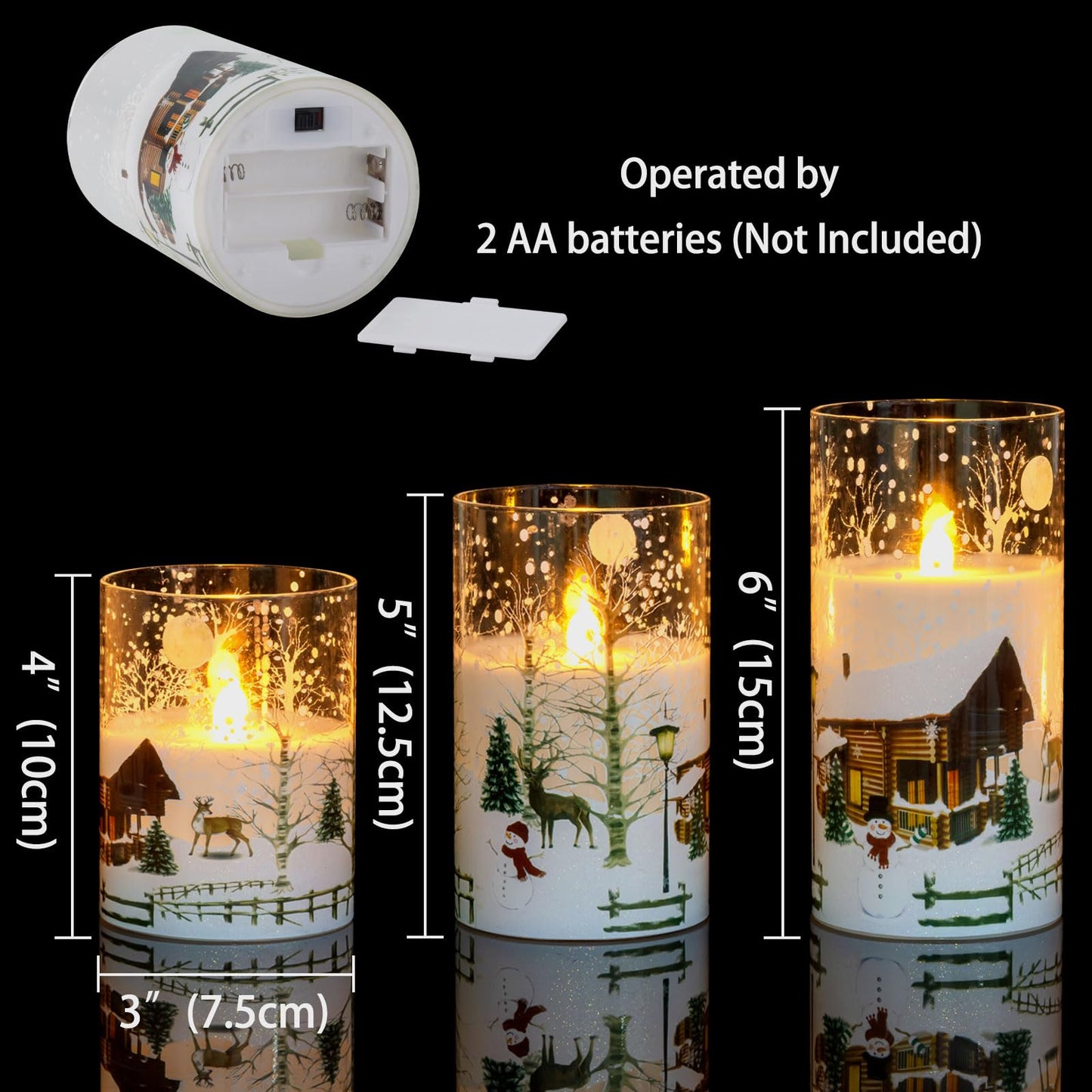 CANDLE IDEA 3PCS White Christmas Glass Flickering Flameless Candles with Snowman Decal,Real Wax Battery Operated LED Window Pillar Candles with 10-Key Remote and Timer Function for Holiday Home Decor