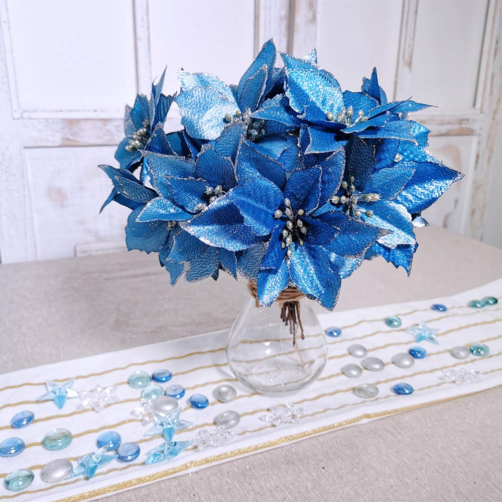 24 Set Christmas Blue Glitter Poinsettia Flowers Picks Christmas Tree Ornaments for Winter Blue Teal Christmas Tree Wreaths Garland Holiday Seasonal Wedding Decorations White Gift Box Included