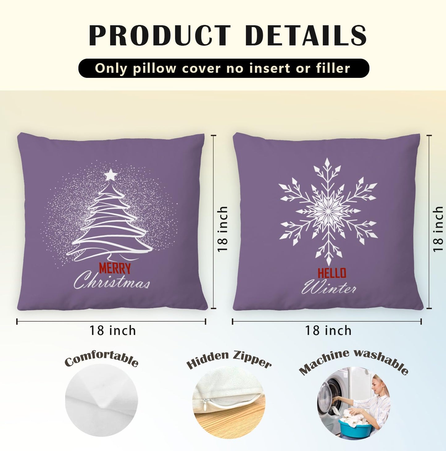 JINYO Purple Winter Christmas Tree Snowflake Pillow Covers 18x18, Purple Christmas Decor, Xmas Hello Winter Holiday Throw Pillow Covers for Home Living Room Bedroom Sofa Couch Set of 2