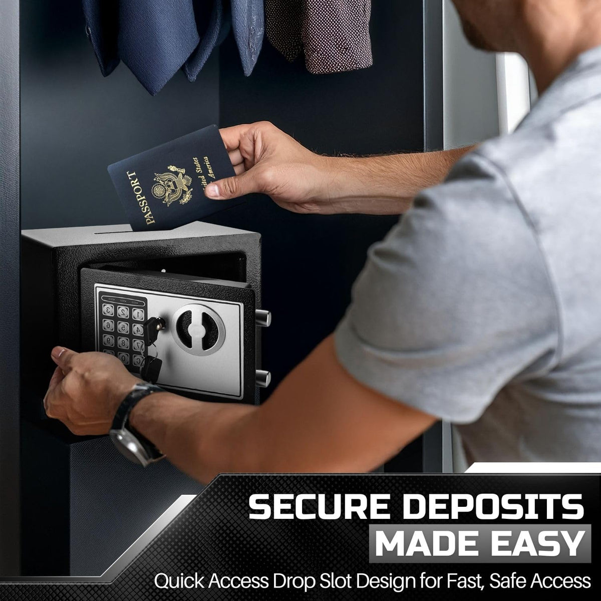 Flexzion Electronic Drop Safe Box with Digital Combination Lock - Cash Safe for Cabinets, Home & Office Security (9"x7"x7"), Black