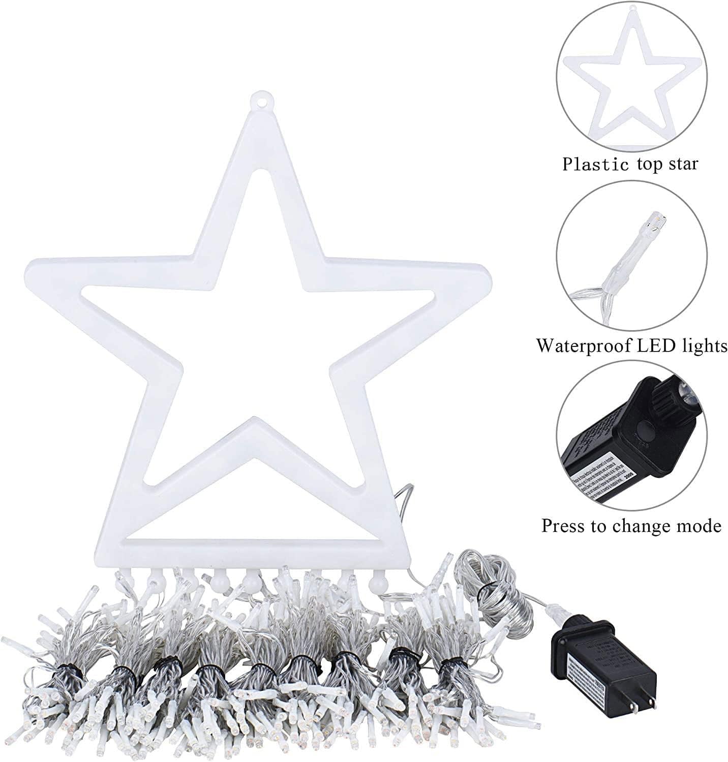 MINIAO Christmas Decorations Star String Lights, 320 LED Waterfall Tree Lights with 13" Topper Star 8 Lighting Modes Indoor Outdoor Decorative for New Year, Holiday, Wedding, Party