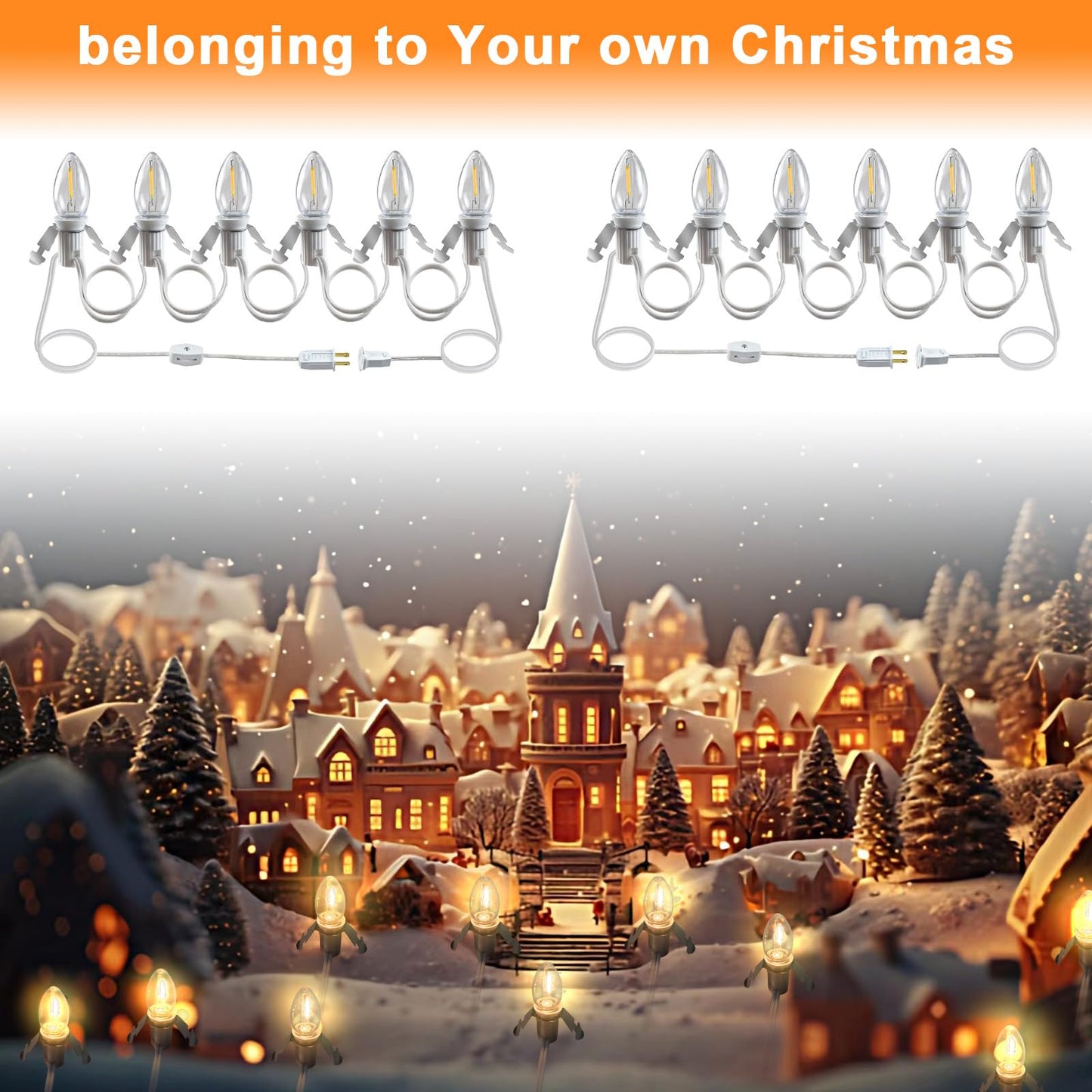 Wltotuay C7 LED Light Bulb Cord Clip Lights, 12 Bulbs, Brass, White, Model 6LED for Christmas and Party Decorations