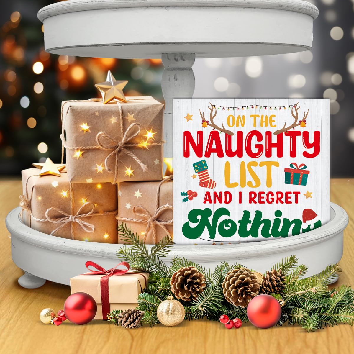 Funny Christmas Decor, Christmas Farmhouse Art Home Decorations, Plaque on the Naughty List and I Regret Nothing Black Wooden Sign Rustic Home Shelf Desk Decor 5 x 5 Inches