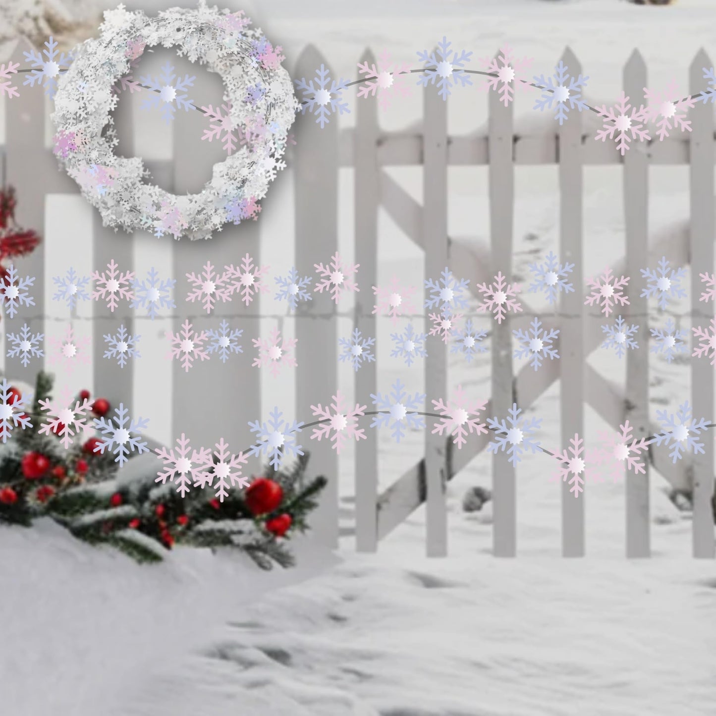 PMU 150 Ft Snowflake White Iridescent, Wire Shiny Garland - Halloween, Christmas Party, Wedding, Birthday, Festive Home Decoration Ornament (6pc-25 Ft Each)