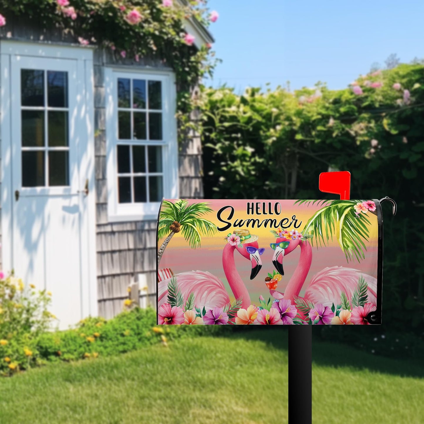 Hello Summer Mailbox Covers Flowers Floral Beach Flamingos Mailbox Cover Palm Tree Post Letter Box for Garden Standard Size 21x18 in for Yard Home Decor