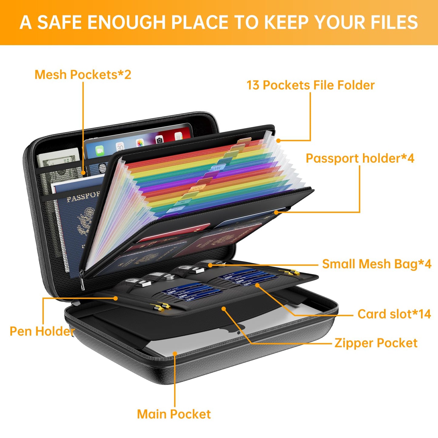 DocSafe Fireproof File Organizer with Lock, Hard-Shell Case Fireproof Document Box with 13 Pocket Accordion File Folder, Portable Home Office Travel Safe Storage for Important Documents Laptop Black