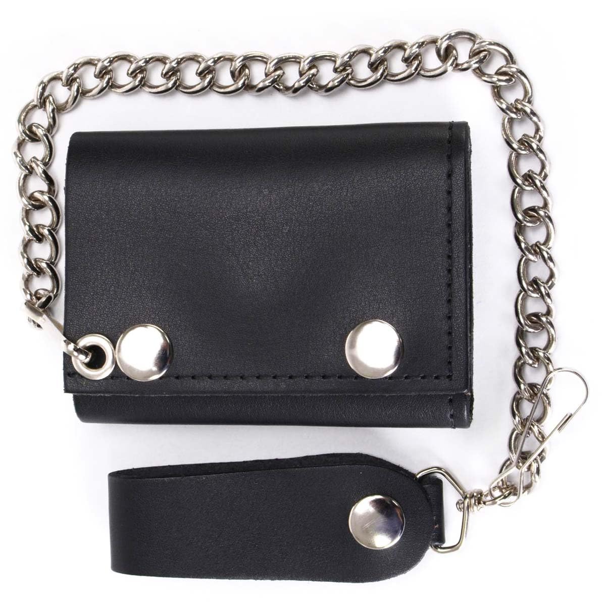 Milwaukee Leather MLW7831 Men's 4" Classic Black Plain Genuine Leather Tri-Fold Biker Wallet w/Anti-Theft Stainless Steel Chain - One Size
