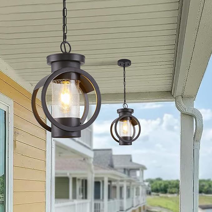 Motion Sensor Outdoor Pendant Light Fixture, Farmhouse Exterior Hanging Lamp with Adjustable Chain, Anti-Rust Aluminum Outdoor Chandelier, Large Exterior Ceiling Mount Hanging Light for Entryway,Porch