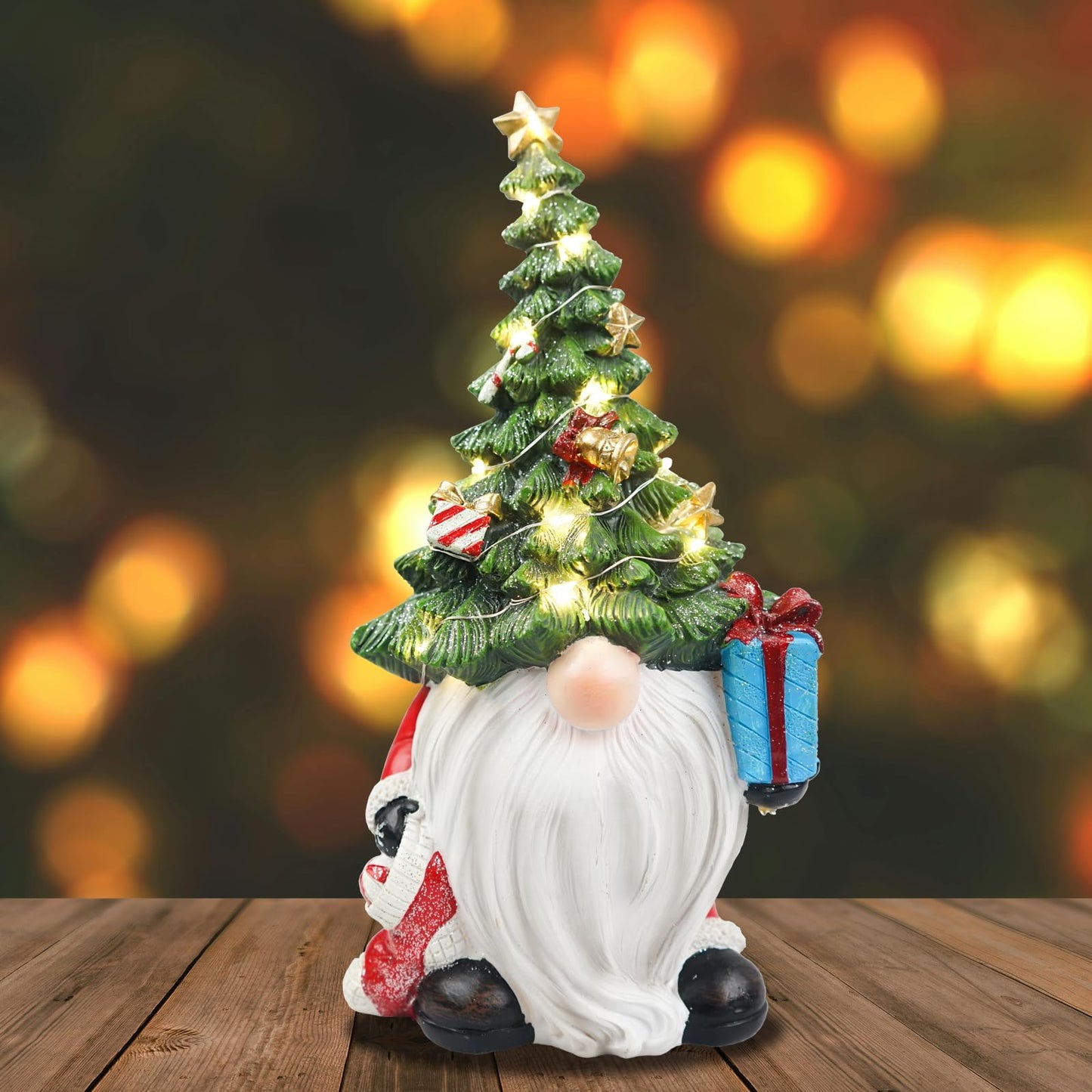 Lighted Christmas Tree Gnome Decoration -11 Inch Resin Xmas Gnomes Figurine Light Up for Holiday Winter Indoor Home Table Decor