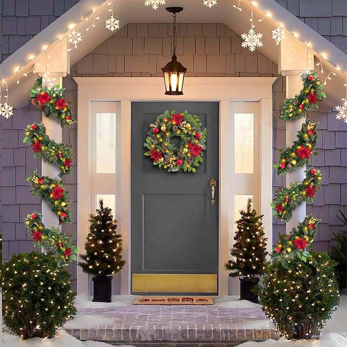 WANNA-CUL Pre-Lit 24 Inch Lighted Christmas Wreath for Front Door Luxury Red Gold Christmas Door Wreath Decoration with Ball Ornaments, Poinsettia Flowers,Berries, and Lotus, Battery Operated 30 LED