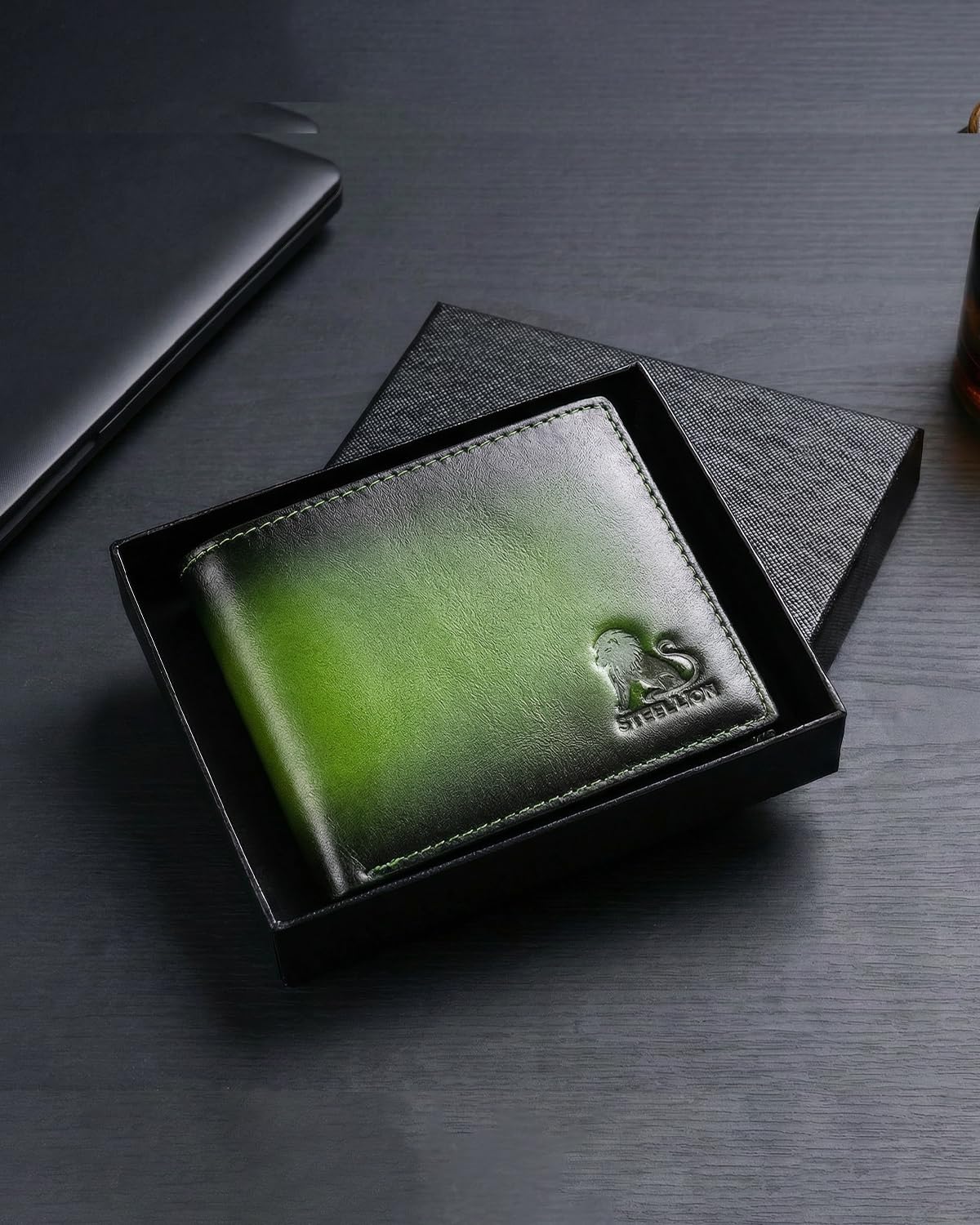 STEELLION Leather Wallets for Men, Cowhide Mens Bifold Wallet RFID Blocking with 2 ID Windows, Zipper Pocket (Green)