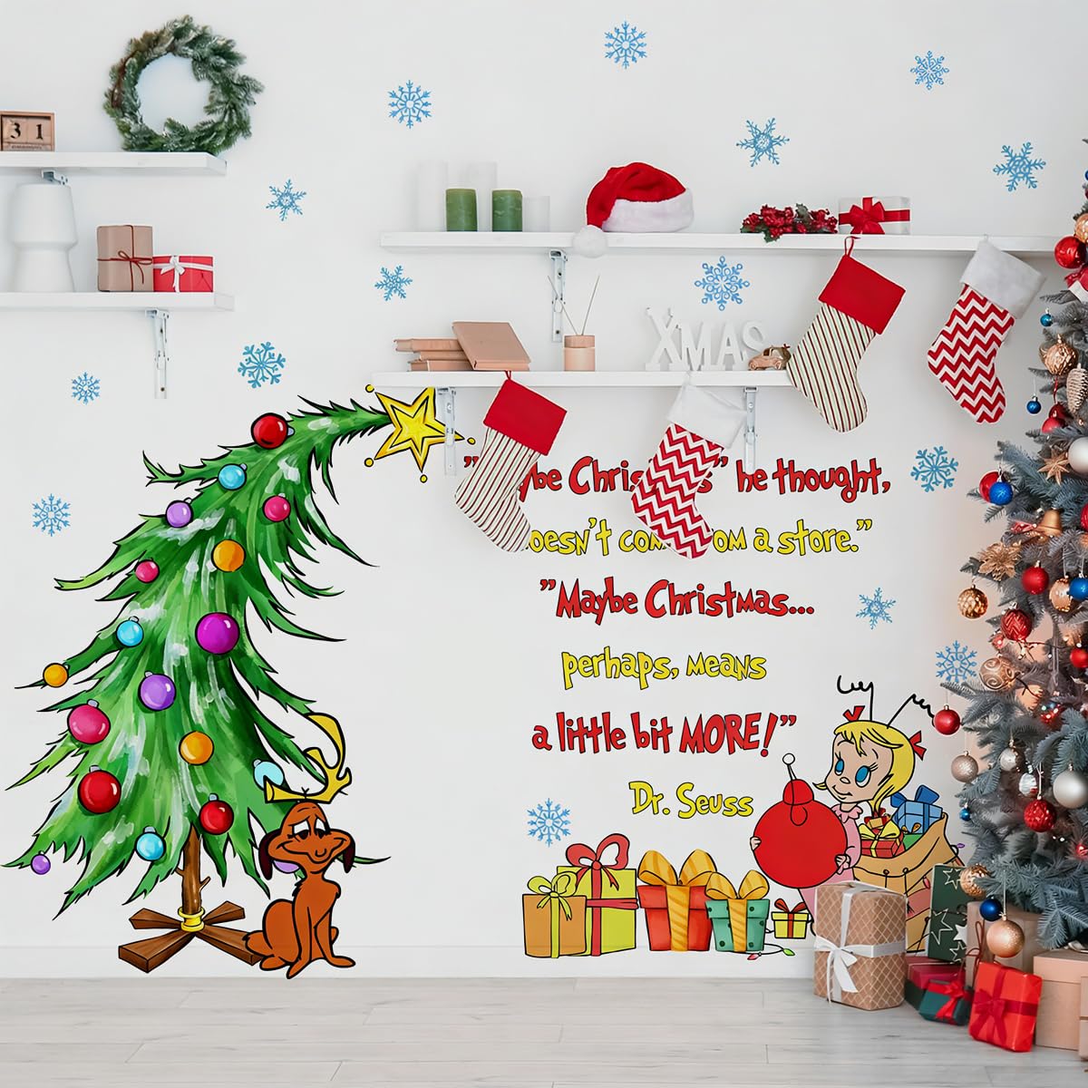 27.6×38.2 Inch Christmas Wall Sticker Decorations Merry Christmas Green Wall Sticker Removable Seasonal Glass Stickers for Window Wall Refrigerator