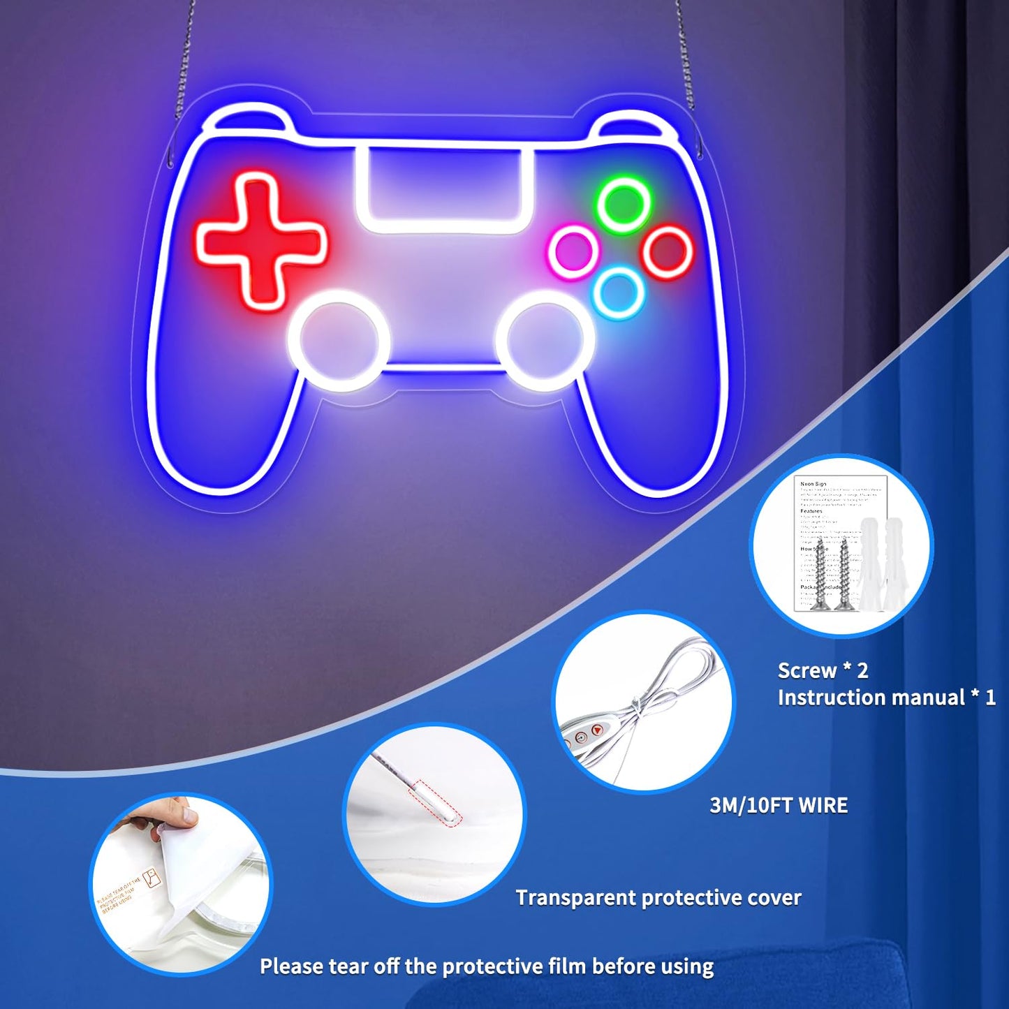 Gamepad Neon Sign - Dimmable USB Powered LED Light for Game Room/Teen Boy Bedroom Decor, Birthday Christmas Gift for Gamers